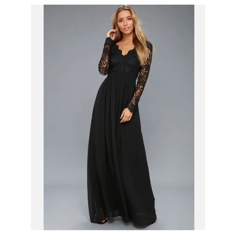 NWT Lulus Awaken My Love Crochet Lace Chiffon Maxi Dress Black
